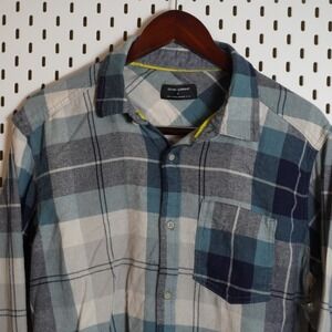Ocean Current Plaid Flannel Long Sleeve Button Up Shirt Mens Size L Blue White